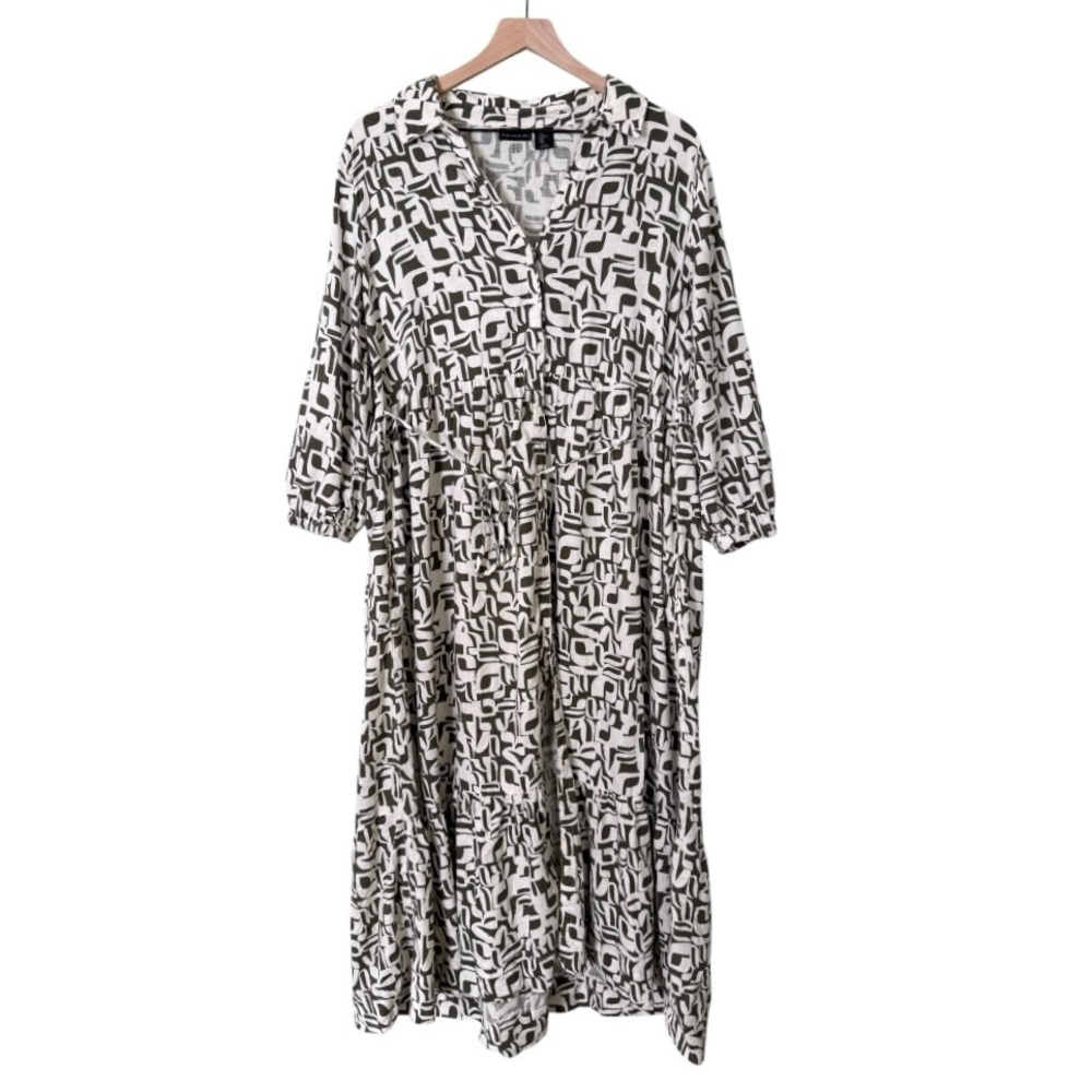 Tahari Linen Tiered Tie Waist Button Front Geometric Dress Green White Large